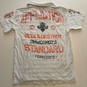 Affliction white striped Y2K skull polo